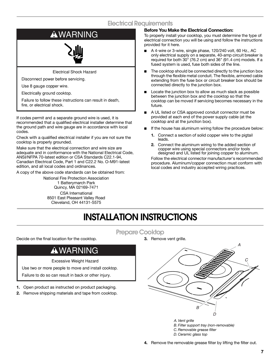 Jenn-Air W10436037B installation instructions Installation Instructions, Electrical Requirements, Prepare Cooktop 