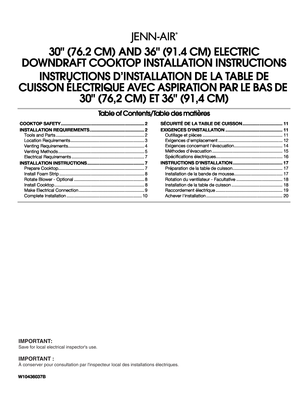 Jenn-Air W10436037B installation instructions Cooktop Safety, Installation Requirements, Installation Instructions 