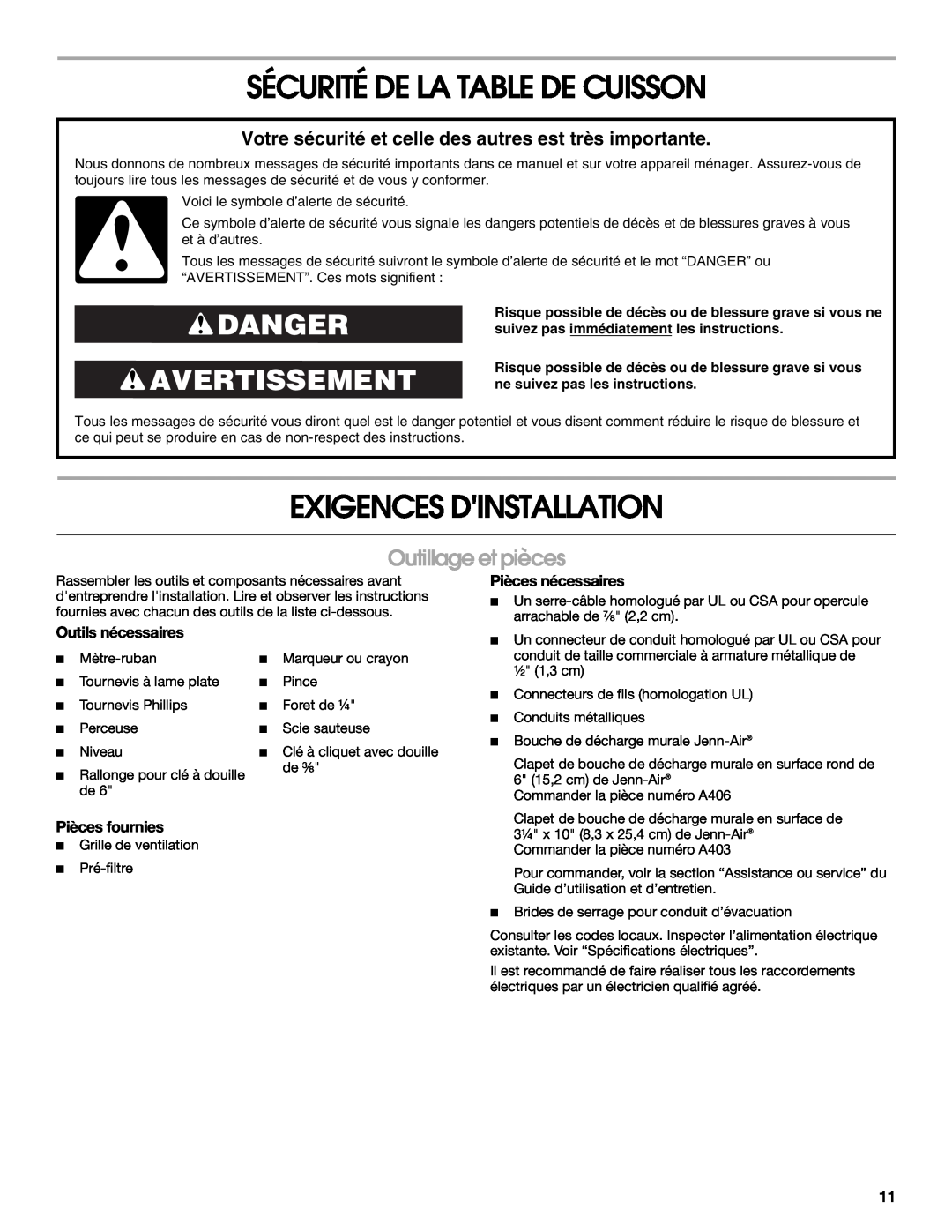 Jenn-Air W10436037B Sécurité De La Table De Cuisson, Exigences Dinstallation, Danger Avertissement, Outillage et pièces 