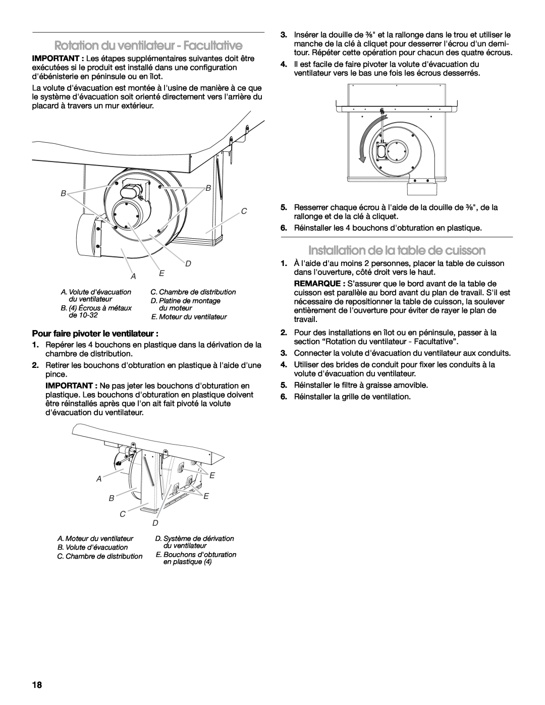 Jenn-Air W10436037B installation instructions Rotation du ventilateur - Facultative, Installation de la table de cuisson 