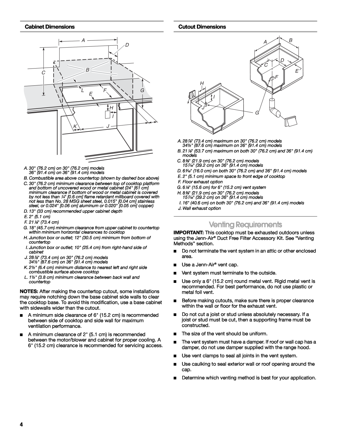 Jenn-Air W10436037B Venting Requirements, Cabinet Dimensions, Cutout Dimensions, A D Cb L Fg E H I Kj, D C E F H I J G 
