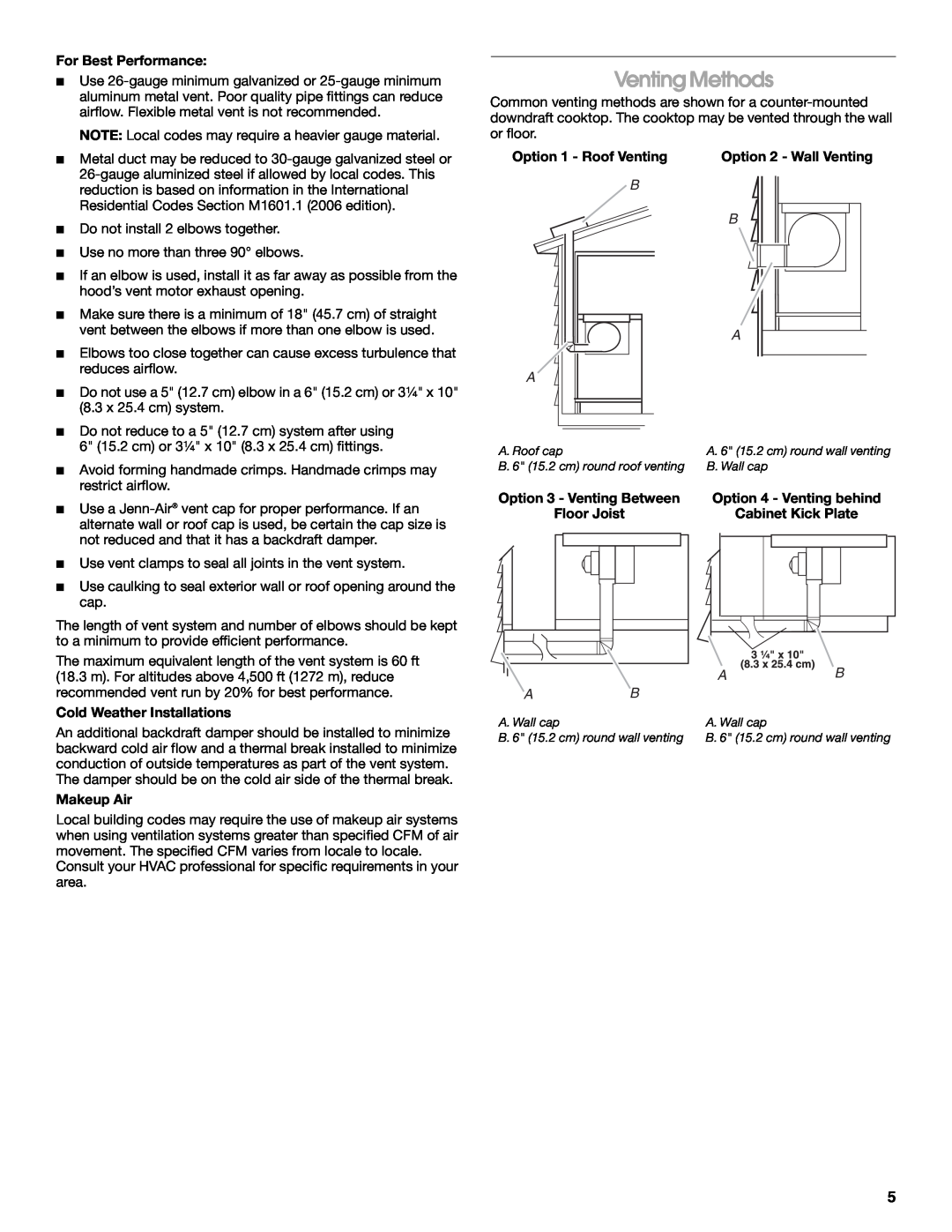 Jenn-Air W10436037B Venting Methods, For Best Performance, Option 1 - Roof Venting, Option 2 - Wall Venting, B B A A 