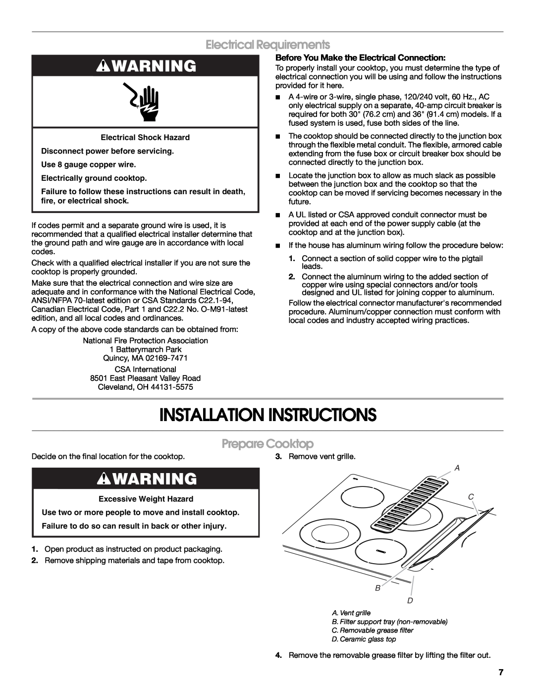 Jenn-Air W10436037B Installation Instructions, Electrical Requirements, Prepare Cooktop, Excessive Weight Hazard, A C B D 