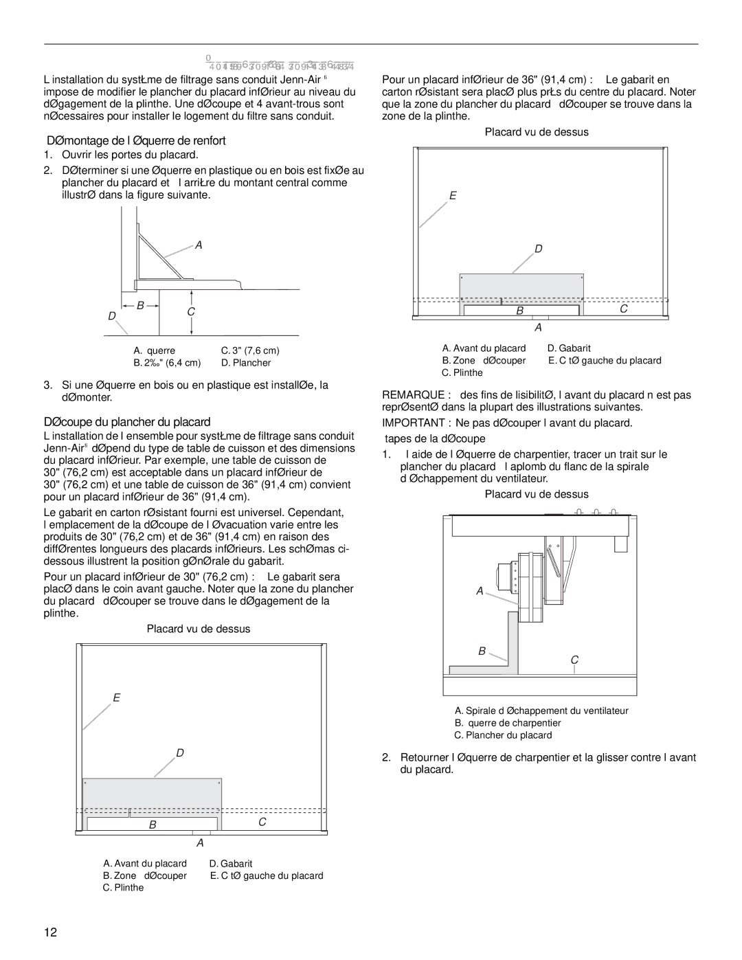 Jenn-Air W10439669A Préparation du plancher du placard inférieur, Démontage de l’équerre de renfort, Étapes de la découpe 