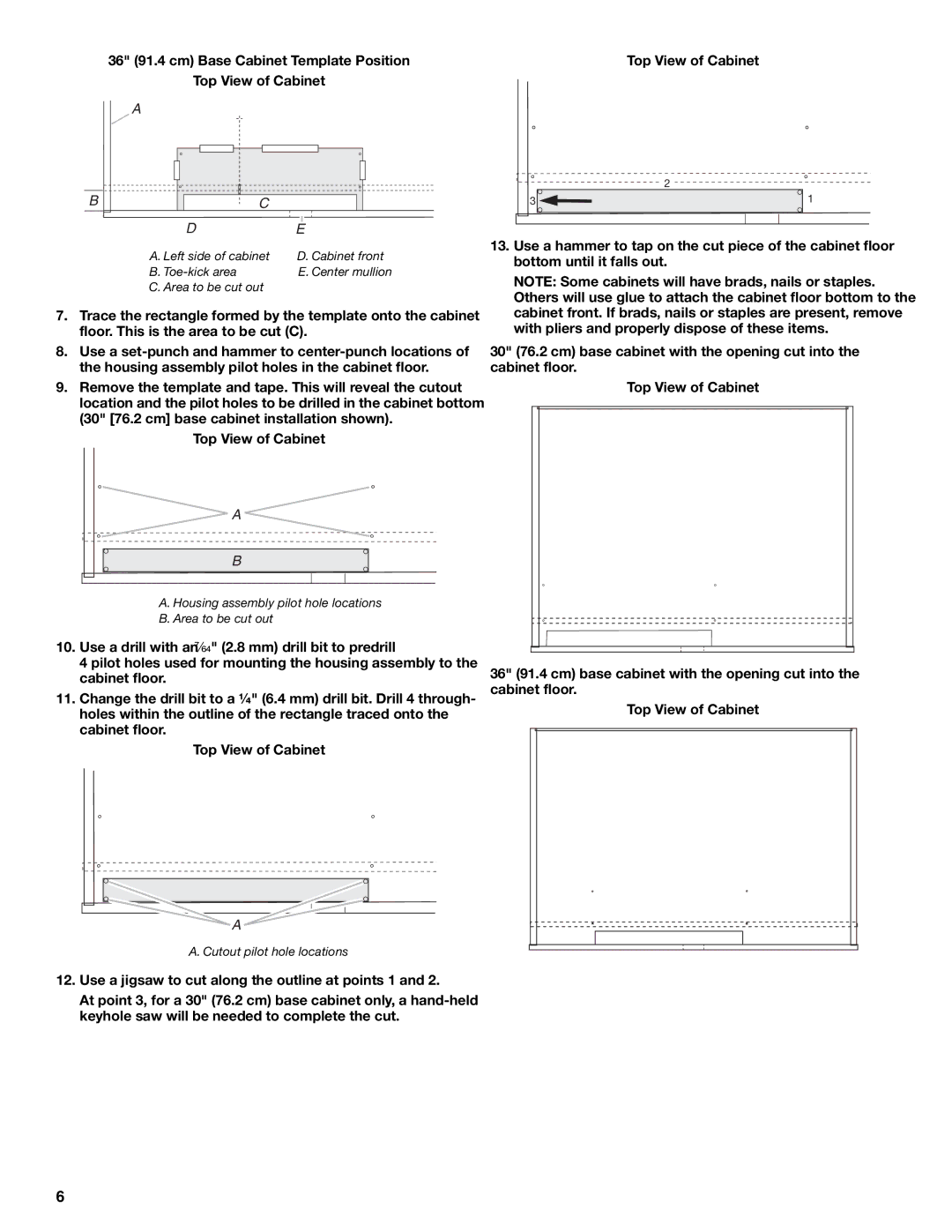 Jenn-Air W10439669A installation instructions Housing assembly pilot hole locations Area to be cut out 