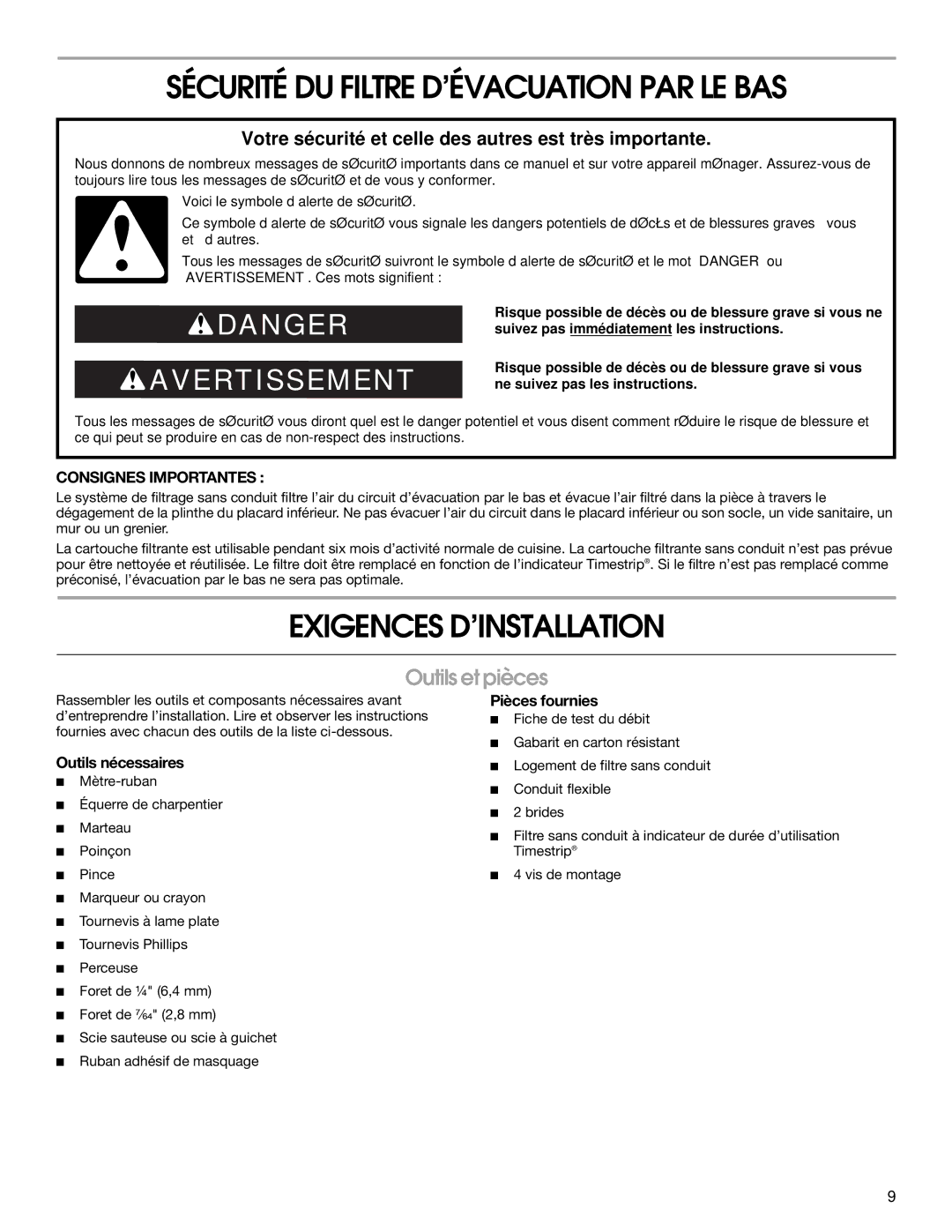 Jenn-Air W10439669A Sécurité DU Filtre D’ÉVACUATION PAR LE BAS, Exigences D’INSTALLATION, Outils et pièces 