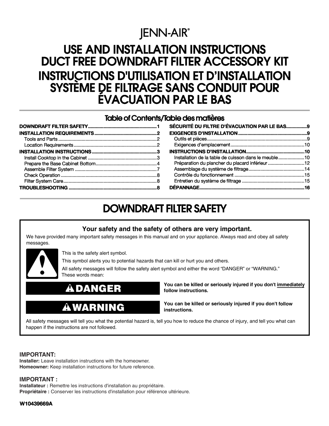 Jenn-Air W10439669A installation instructions Downdraft Filter Safety, Danger, Installation Requirements, Troubleshooting 