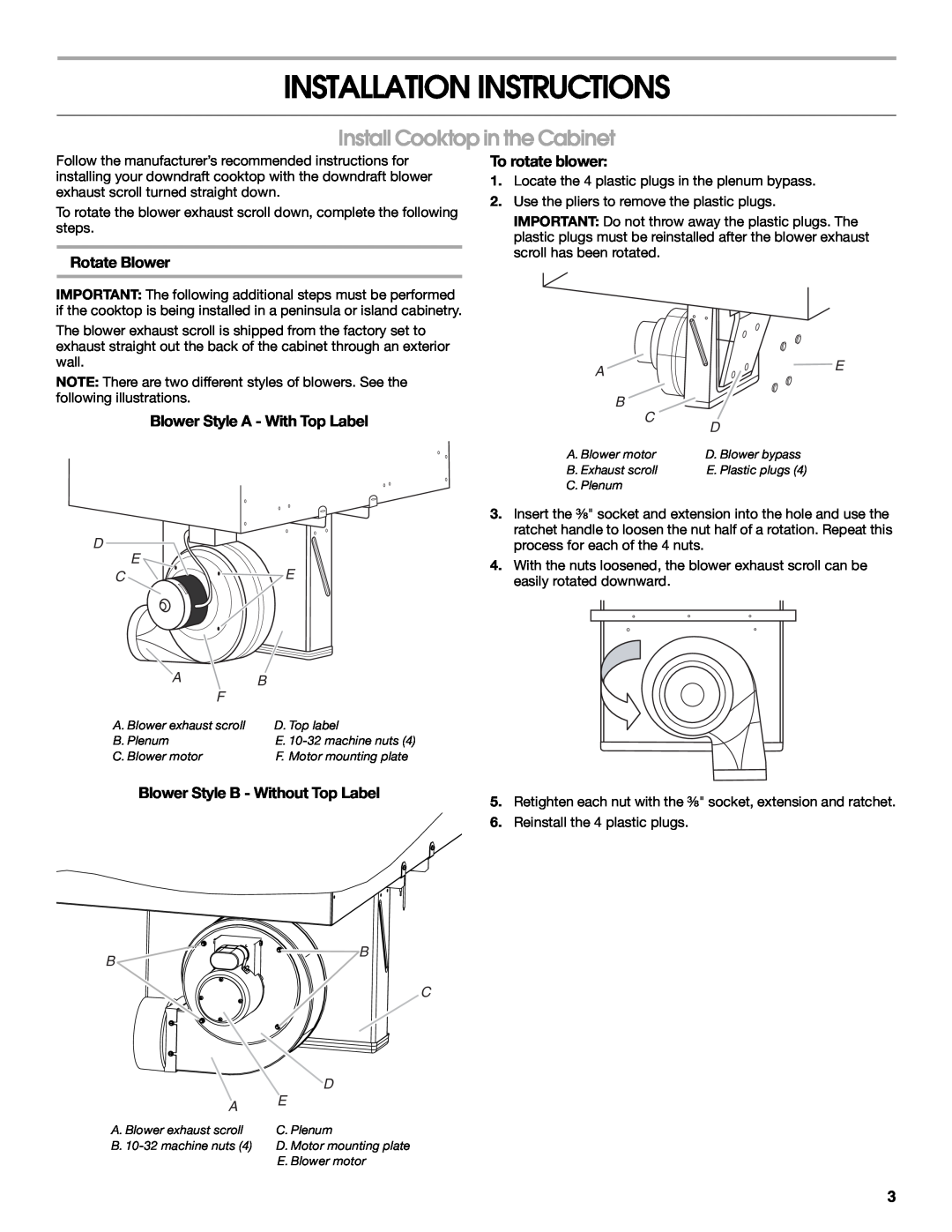 Jenn-Air W10439669A Installation Instructions, Install Cooktop in the Cabinet, Rotate Blower, To rotate blower, Ab F 