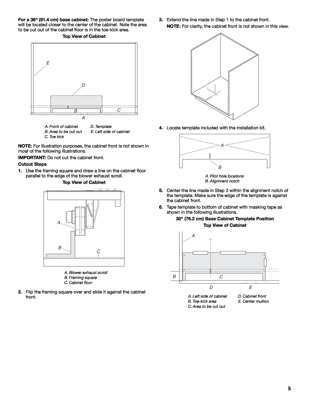 Jenn-Air W10439669A installation instructions Cutout Steps, 30 76.2 cm Base Cabinet Template Position, Top View of Cabinet 