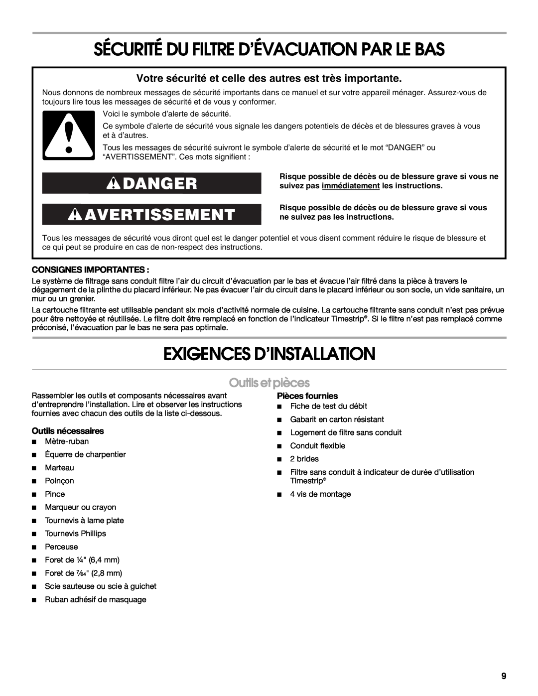Jenn-Air W10439669A Sécurité Du Filtre D’Évacuation Par Le Bas, Exigences D’Installation, Danger Avertissement 