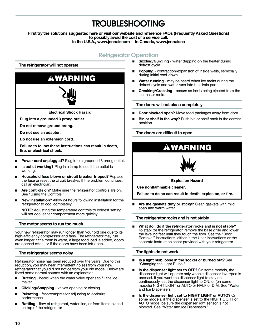 Jenn-Air W10487492A warranty Troubleshooting, Refrigerator Operation 