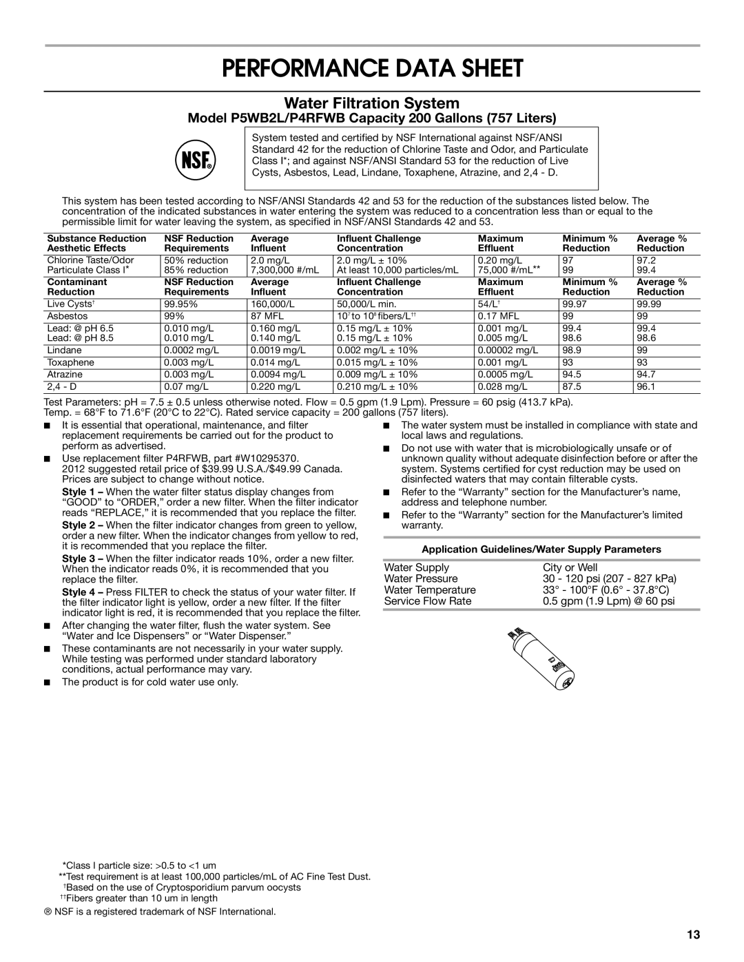 Jenn-Air W10487492A warranty Performance Data Sheet, Water Filtration System 