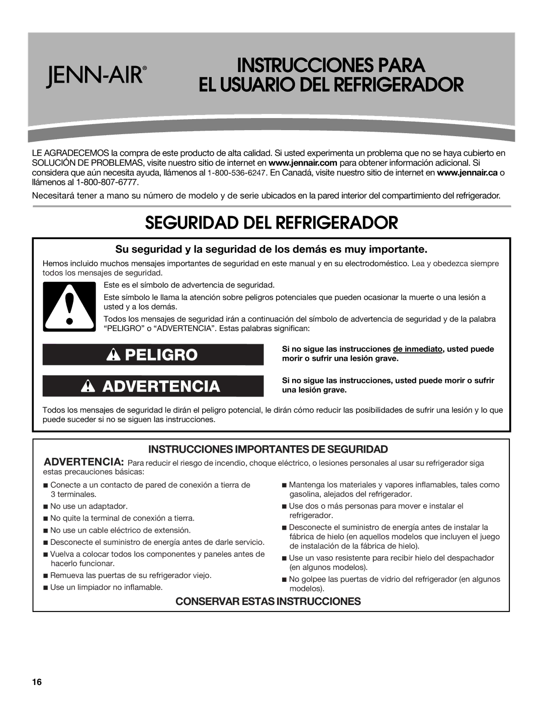 Jenn-Air W10487492A warranty Instrucciones Para EL Usuario DEL Refrigerador, Seguridad DEL Refrigerador 