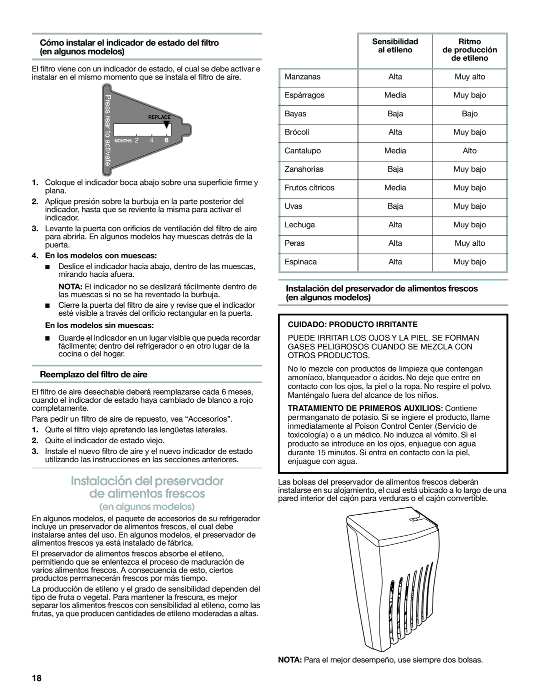 Jenn-Air W10487492A warranty Instalación del preservador De alimentos frescos, Reemplazo del filtro de aire 