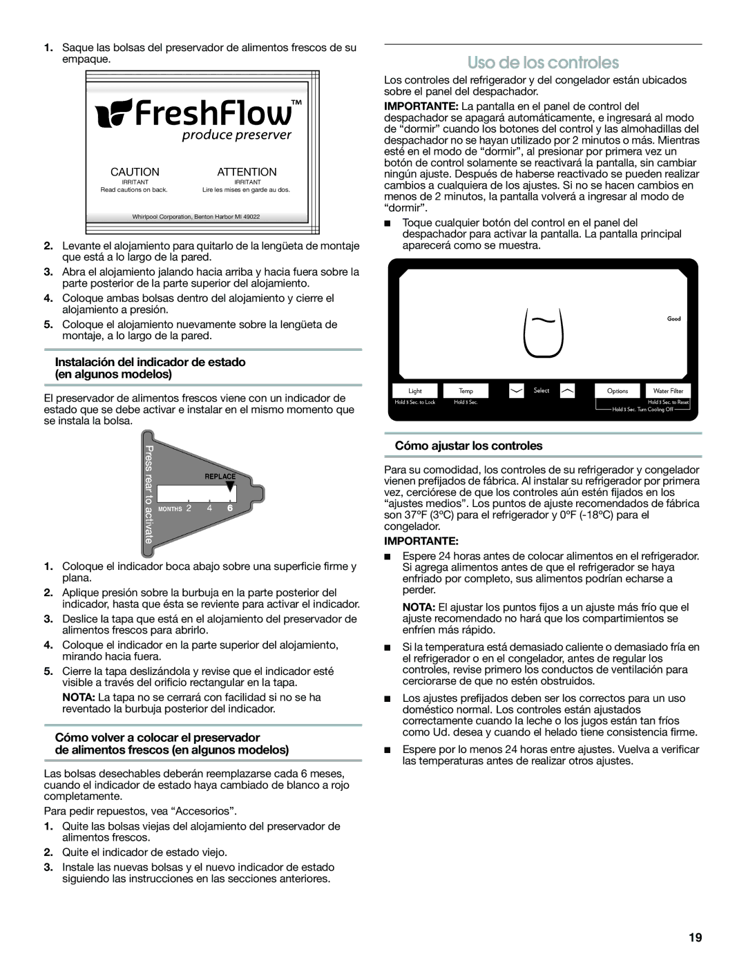 Jenn-Air W10487492A warranty Uso de los controles, Instalación del indicador de estado en algunos modelos, Importante 