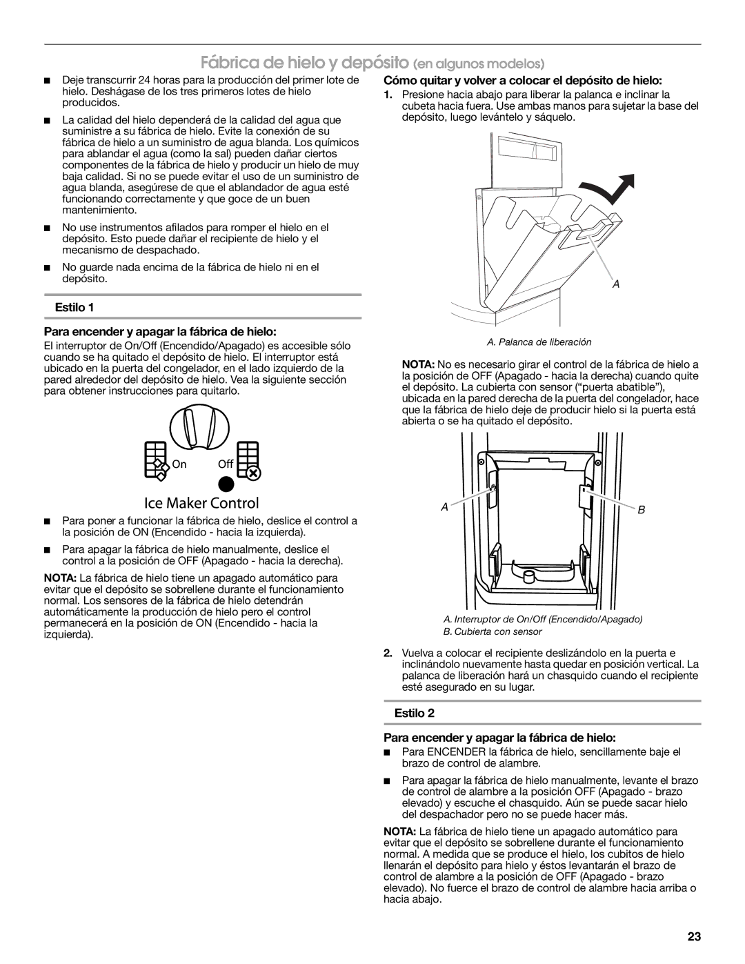 Jenn-Air W10487492A Fábrica de hielo y depósito en algunos modelos, Estilo Para encender y apagar la fábrica de hielo 