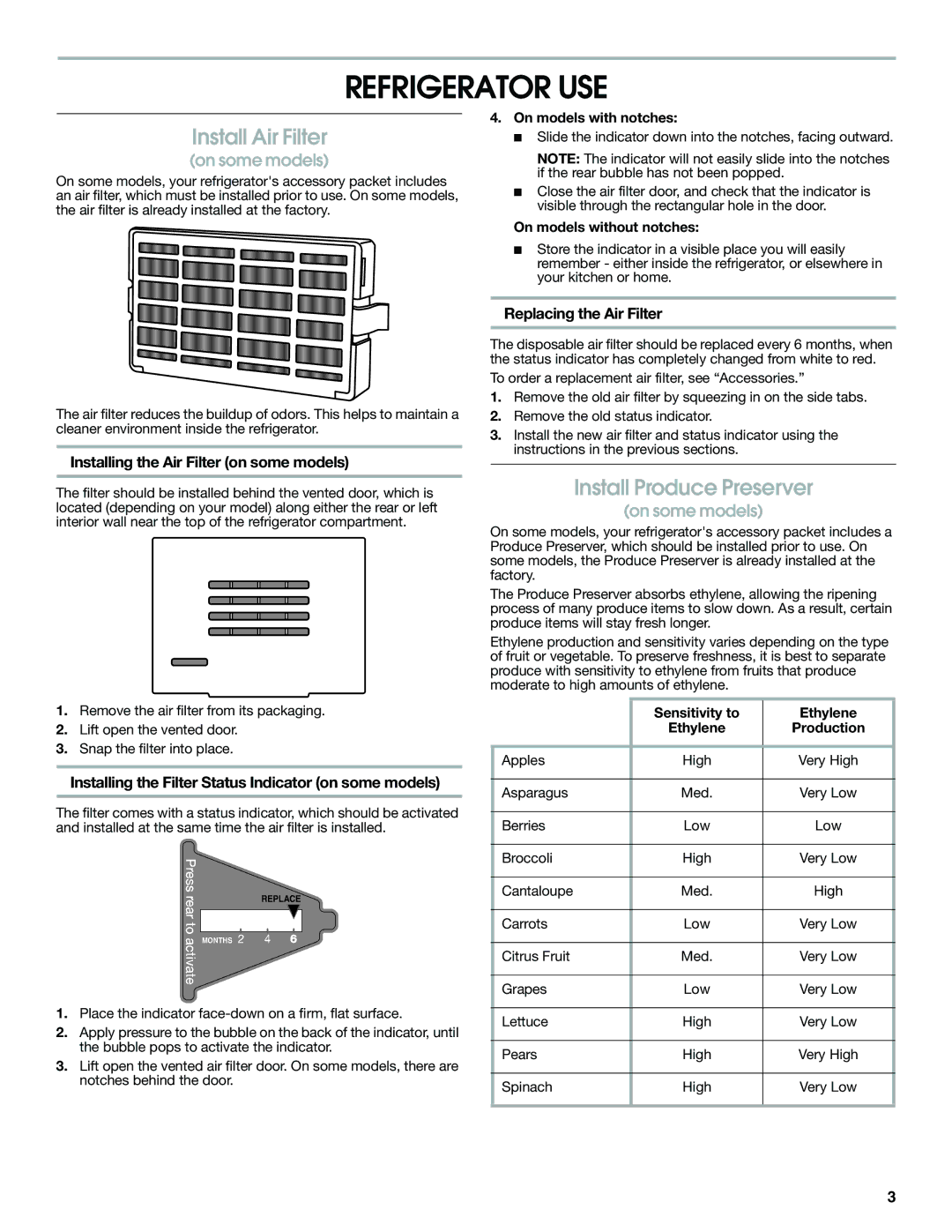 Jenn-Air W10487492A warranty Refrigerator USE, Install Air Filter, Install Produce Preserver 