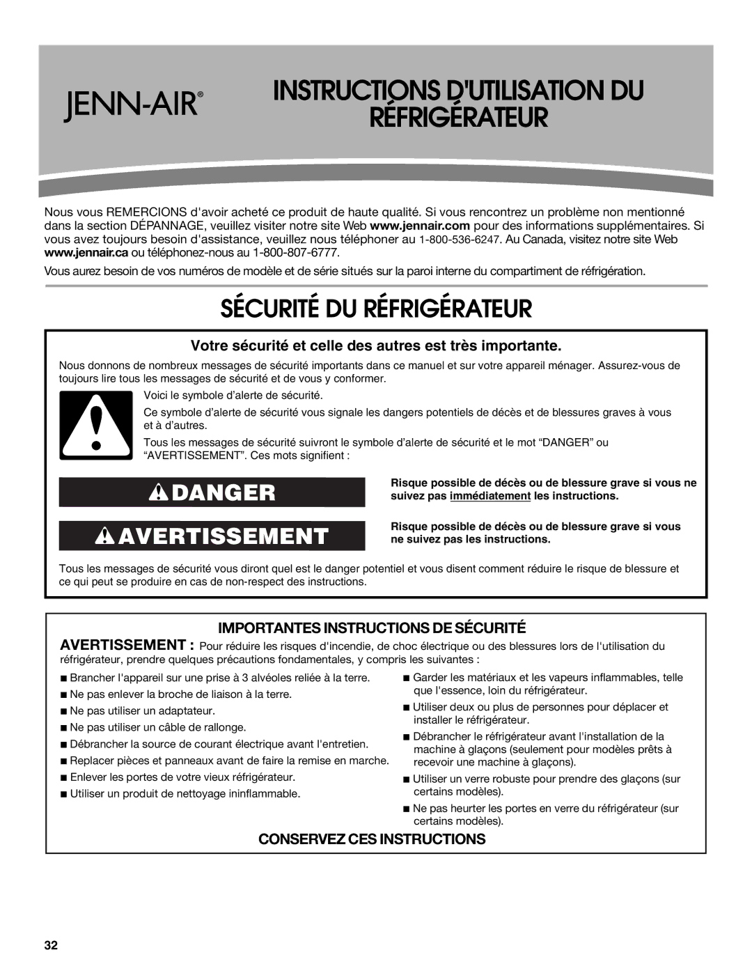 Jenn-Air W10487492A warranty Instructions Dutilisation DU Réfrigérateur, Sécurité DU Réfrigérateur 