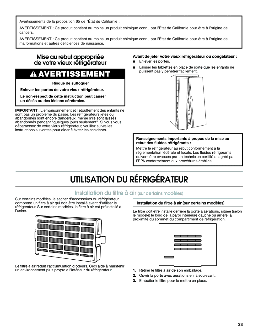 Jenn-Air W10487492A warranty Utilisation DU Réfrigérateur, Installation du filtre à air sur certains modèles 