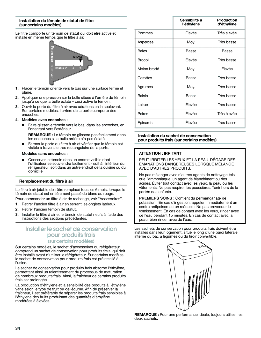 Jenn-Air W10487492A warranty Installer le sachet de conservation Pour produits frais, Remplacement du filtre à air 