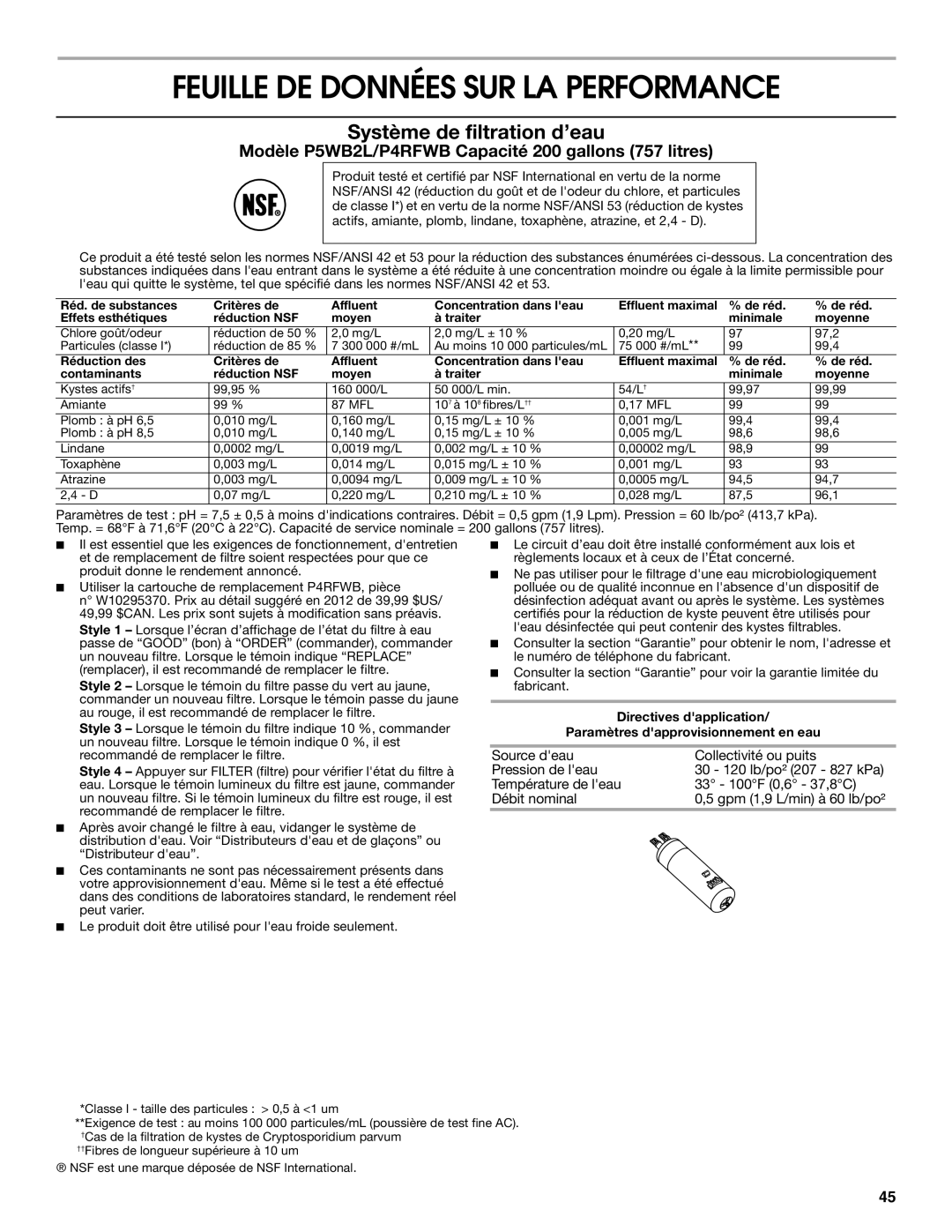 Jenn-Air W10487492A warranty Feuille DE Données SUR LA Performance, Système de filtration d’eau 