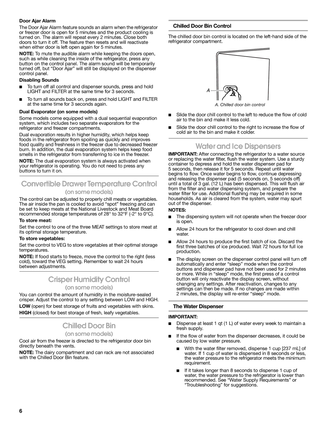 Jenn-Air W10487492A warranty Convertible Drawer Temperature Control, Crisper Humidity Control, Chilled Door Bin 