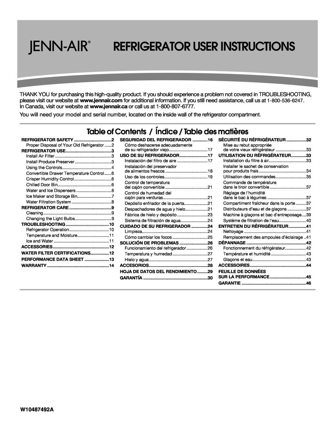 Jenn-Air W10487492A warranty Table of Contents / Índice / Table des matières, Refrigerator User Instructions 
