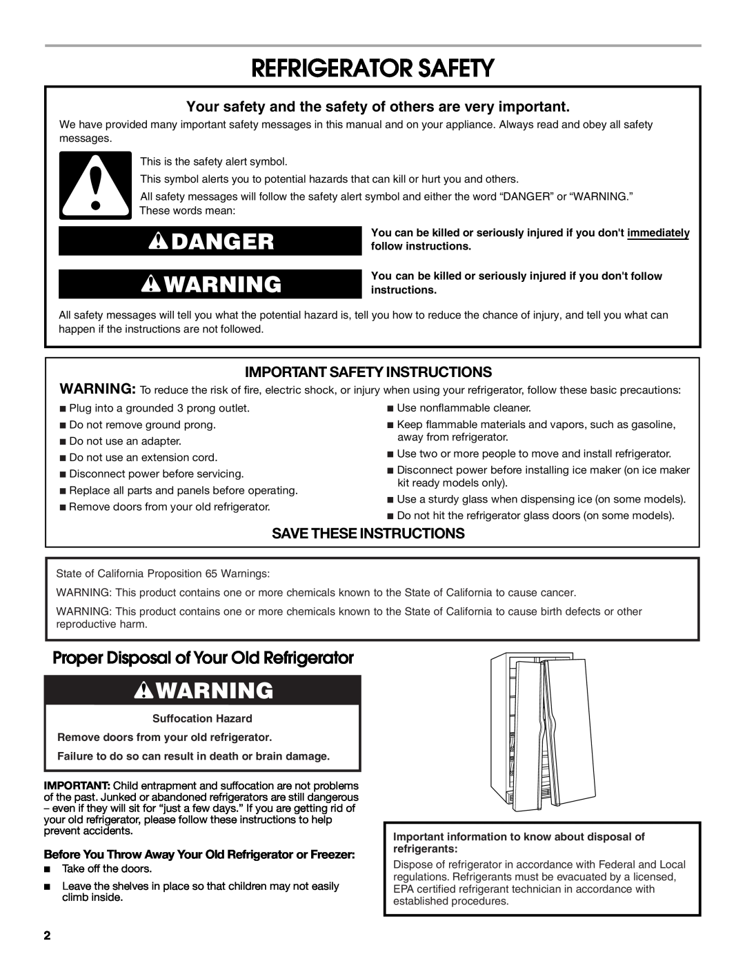 Jenn-Air W10487492A Refrigerator Safety, Danger, Proper Disposal of Your Old Refrigerator, Important Safety Instructions 