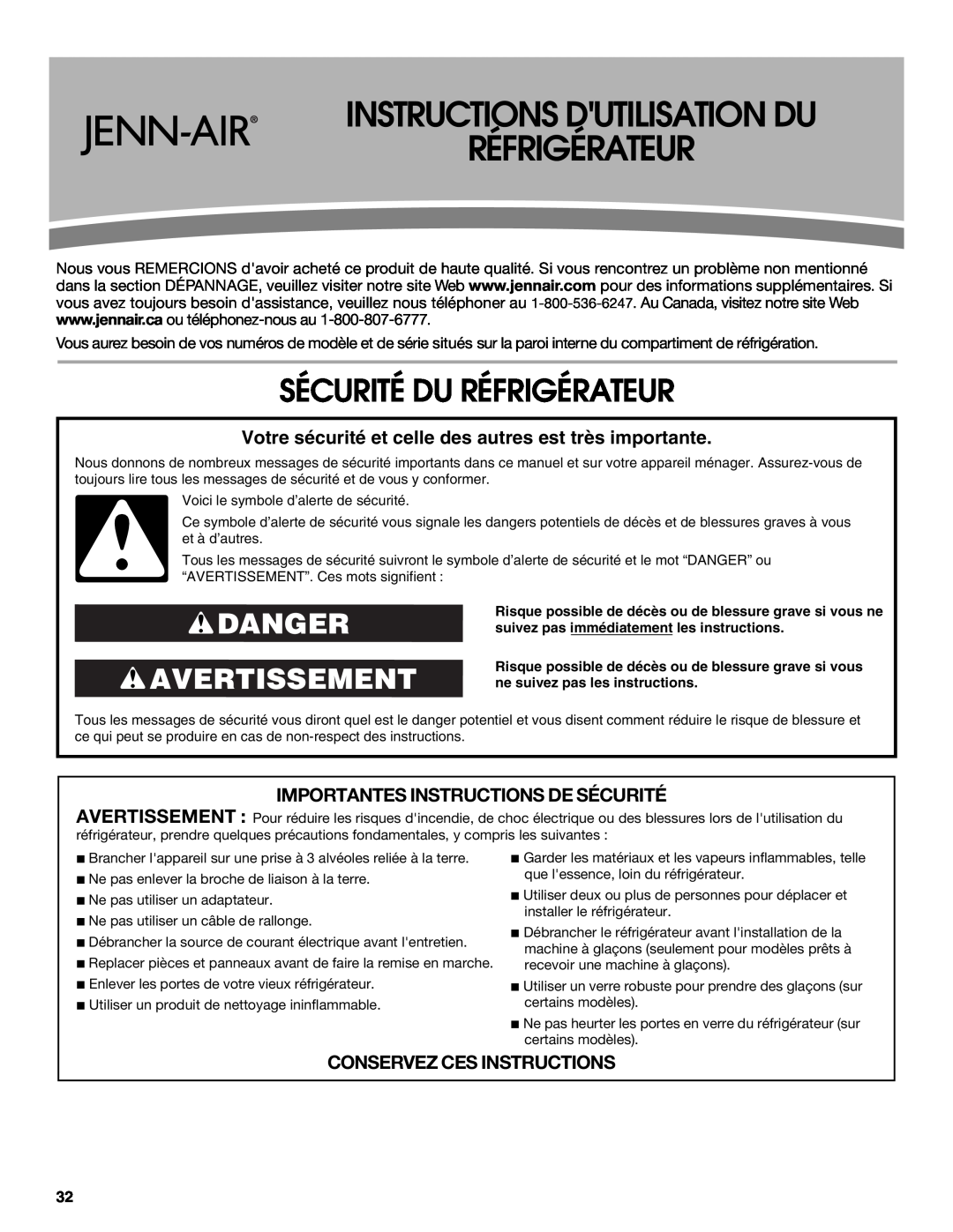 Jenn-Air W10487492A warranty Instructions Dutilisation Du Réfrigérateur, Sécurité Du Réfrigérateur, Danger Avertissement 