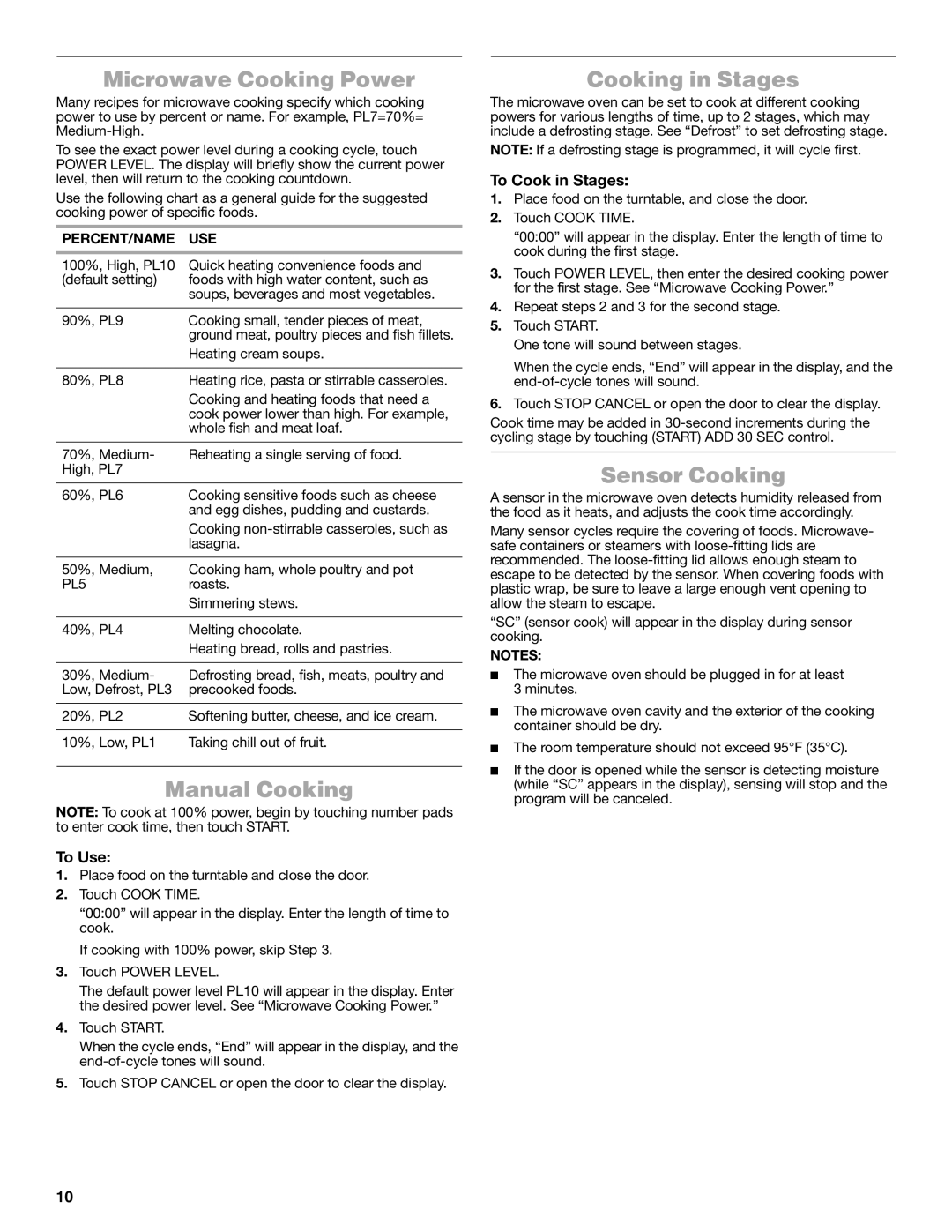 Jenn-Air W10491278A manual Microwave Cooking Power, Manual Cooking, Cooking in Stages, Sensor Cooking 