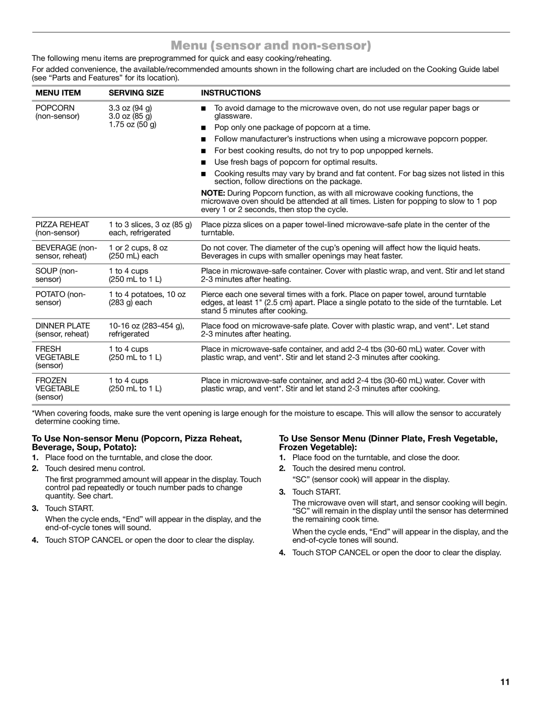 Jenn-Air W10491278A manual Menu sensor and non-sensor, Menu Item Serving Size Instructions 