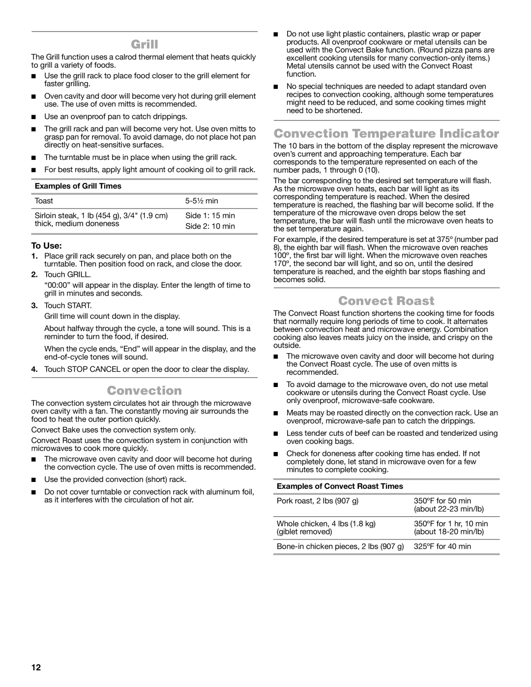 Jenn-Air W10491278A manual Grill, Convection Temperature Indicator, Convect Roast 