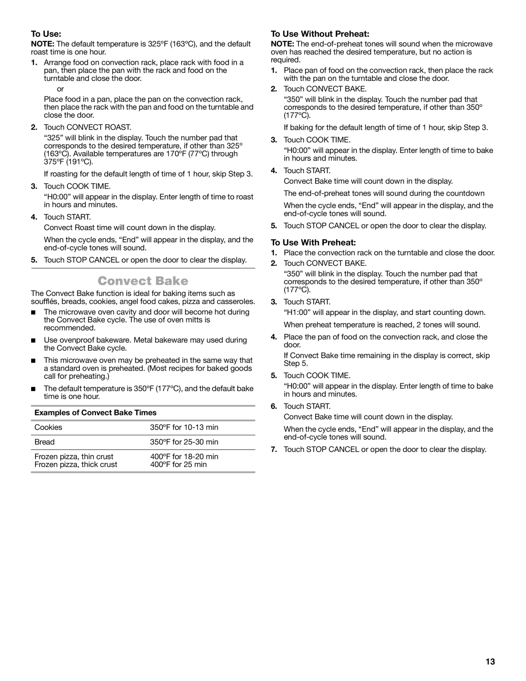 Jenn-Air W10491278A manual To Use Without Preheat, To Use With Preheat, Examples of Convect Bake Times 