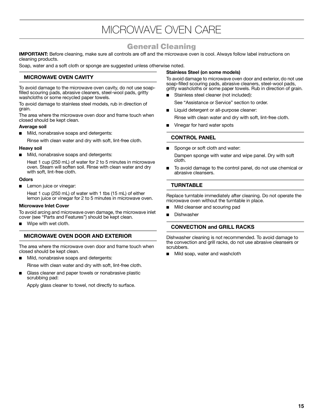 Jenn-Air W10491278A manual Microwave Oven Care, General Cleaning, Convection and Grill Racks 