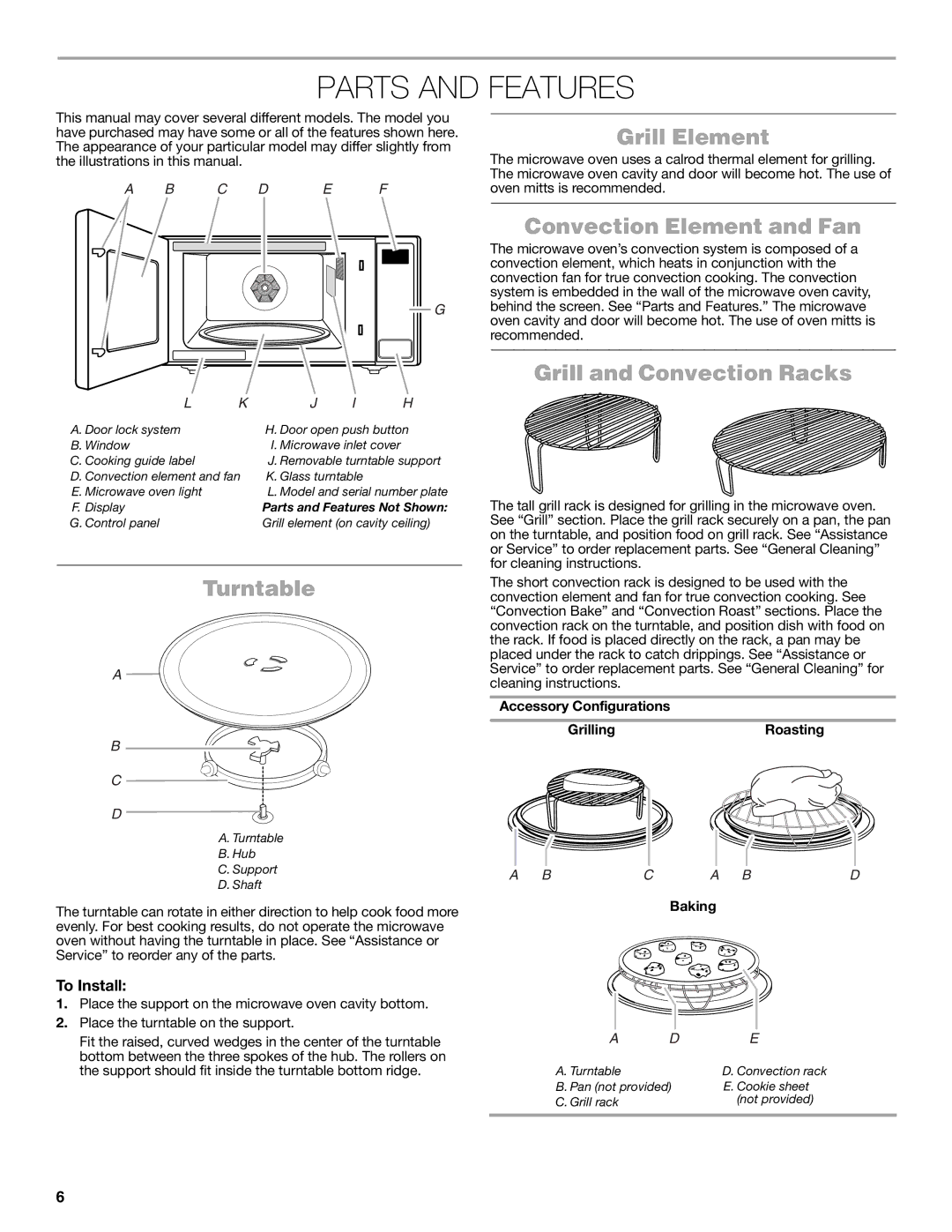 Jenn-Air W10491278A Parts and Features, Turntable, Grill Element, Convection Element and Fan, Grill and Convection Racks 