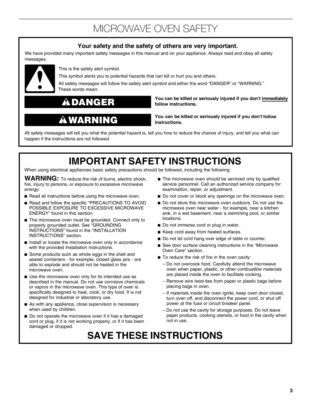 Jenn-Air W10491278A manual Microwave Oven Safety, Important Safety Instructions, Save These Instructions, Danger 
