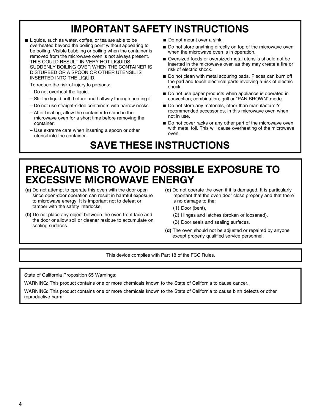 Jenn-Air W10491278A Precautions To Avoid Possible Exposure To Excessive Microwave Energy, Important Safety Instructions 