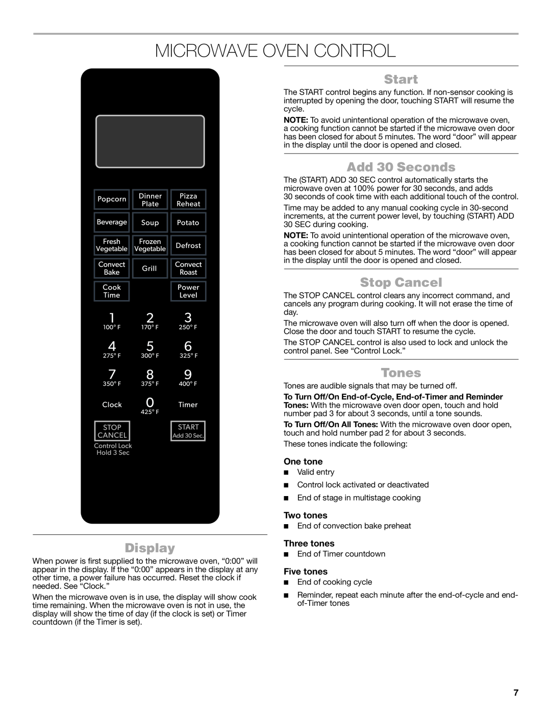 Jenn-Air W10491278A manual Microwave Oven Control, Start, Add 30 Seconds, Stop Cancel, Tones, Display, One tone, Two tones 