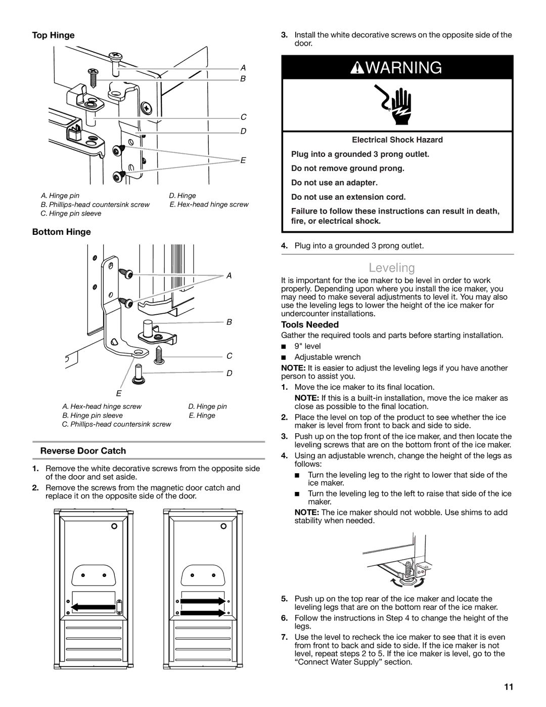 Jenn-Air W10519943B manual Leveling, Top Hinge, Bottom Hinge, Reverse Door Catch 