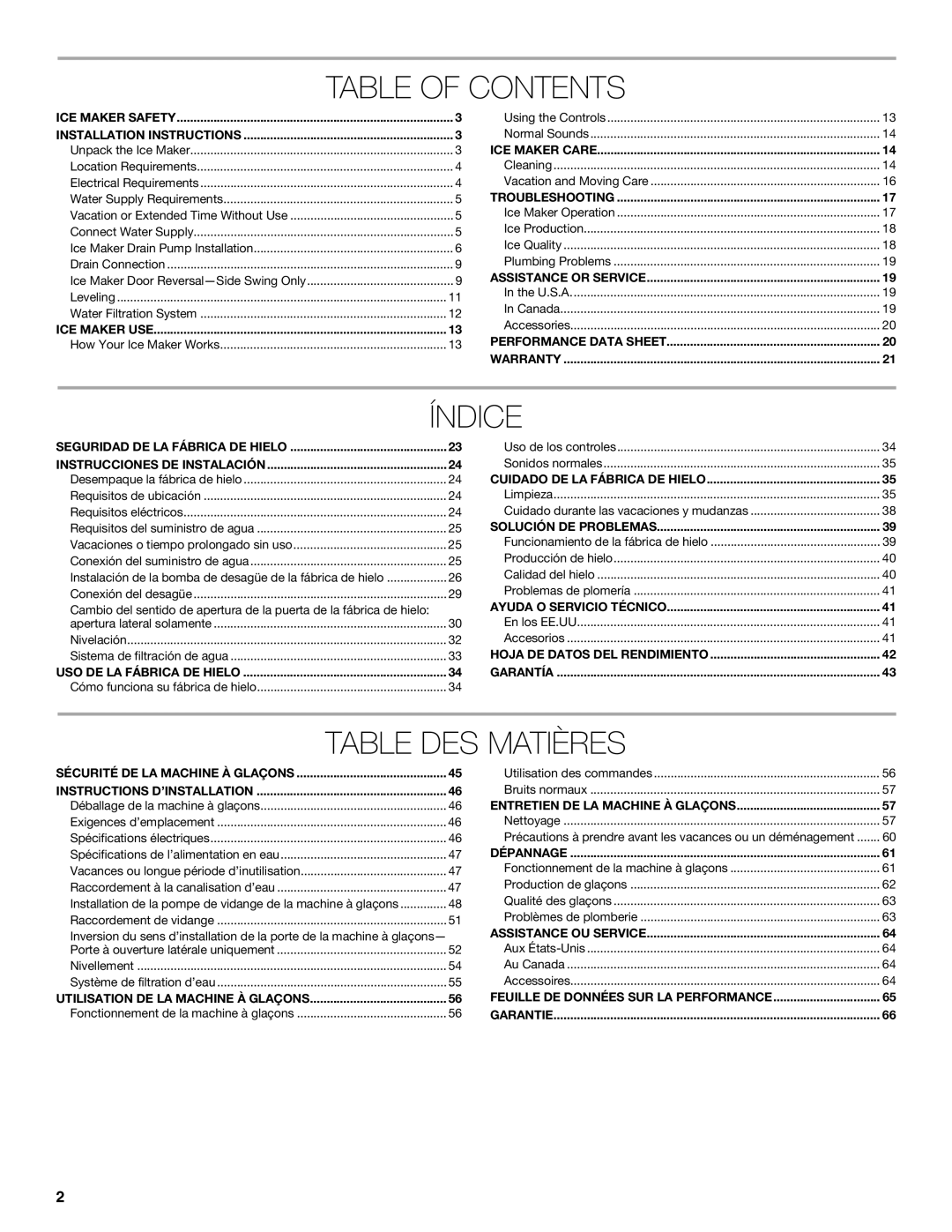 Jenn-Air W10519943B manual Table of Contents, Índice, Table DES Matières 