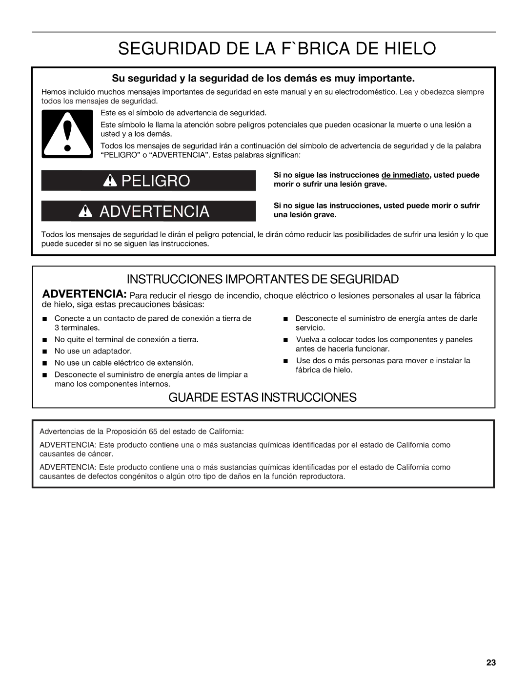 Jenn-Air W10519943B manual Seguridad DE LA Fábrica DE Hielo, Su seguridad y la seguridad de los demás es muy importante 