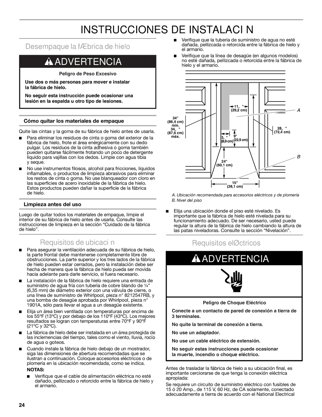 Jenn-Air W10519943B manual Instrucciones DE Instalación, Desempaque la fábrica de hielo, Requisitos de ubicación 