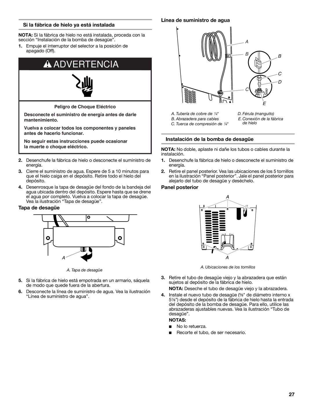 Jenn-Air W10519943B manual Si la fábrica de hielo ya está instalada, Tapa de desagüe, Línea de suministro de agua 