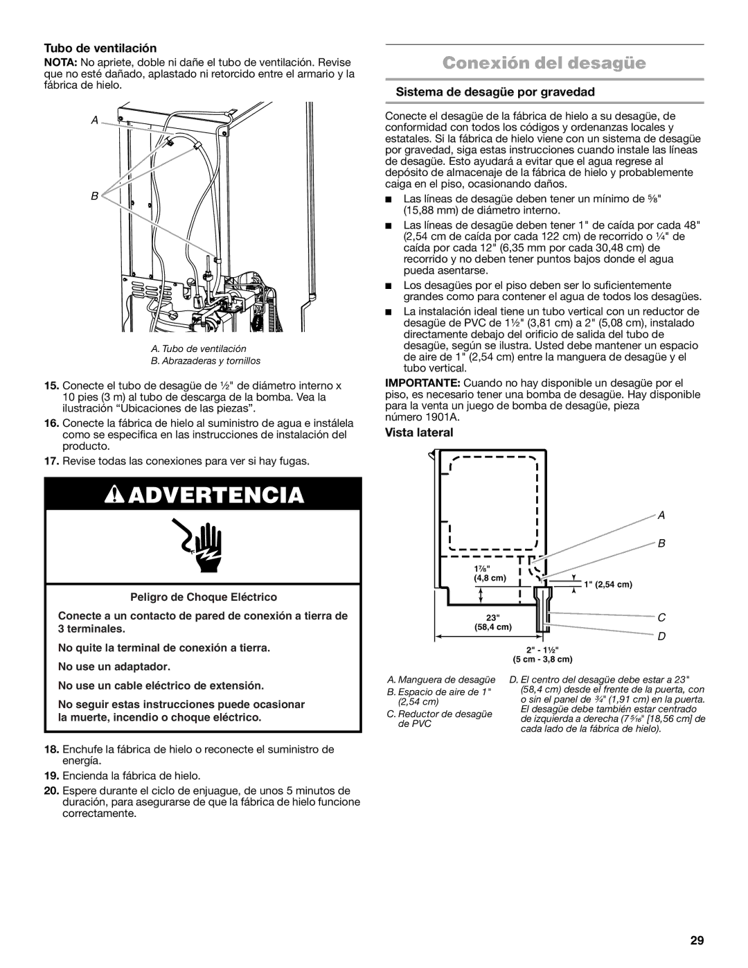 Jenn-Air W10519943B manual Conexión del desagüe, Tubo de ventilación, Sistema de desagüe por gravedad, Vista lateral 