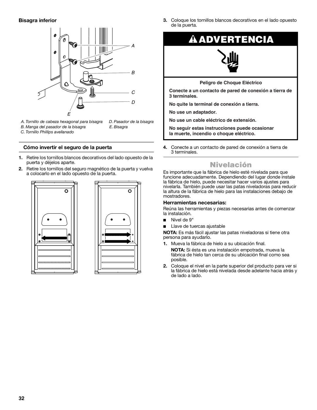 Jenn-Air W10519943B manual Nivelación, Bisagra inferior, Cómo invertir el seguro de la puerta 