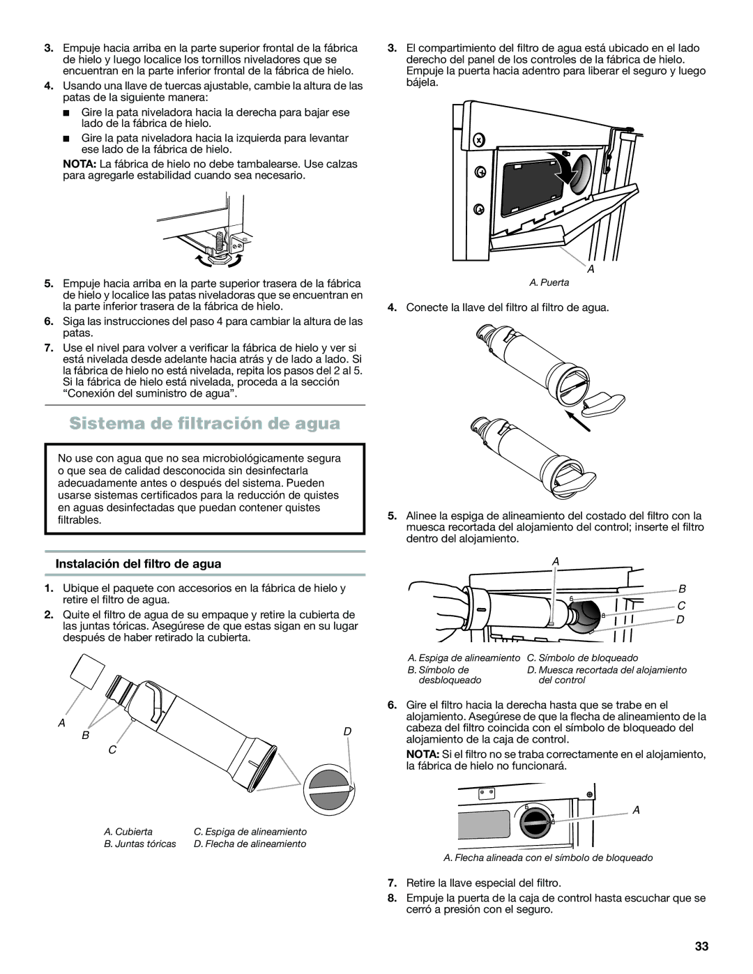 Jenn-Air W10519943B manual Sistema de filtración de agua, Instalación del filtro de agua 