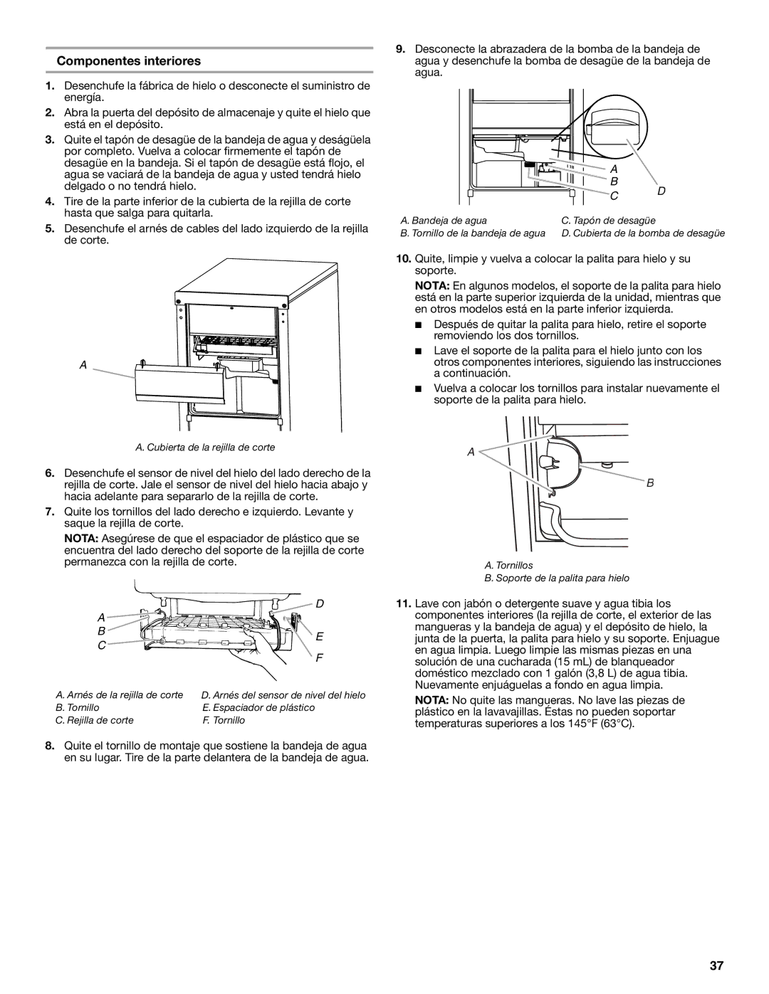 Jenn-Air W10519943B manual Componentes interiores, Tornillo Espaciador de plástico Rejilla de corte 