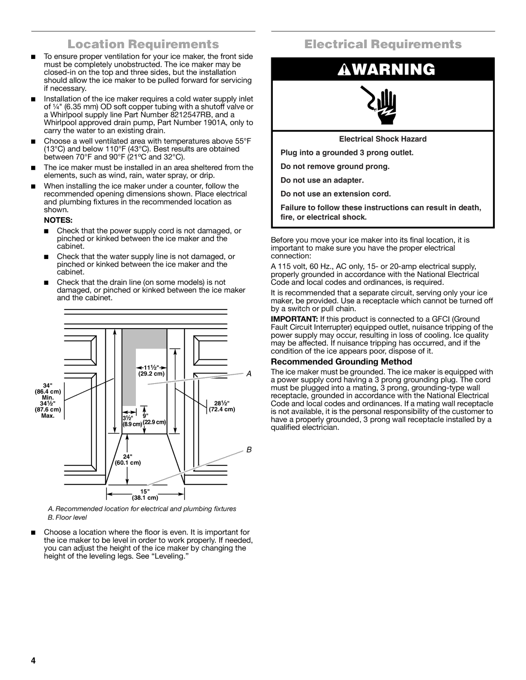 Jenn-Air W10519943B manual Location Requirements, Electrical Requirements, Recommended Grounding Method 