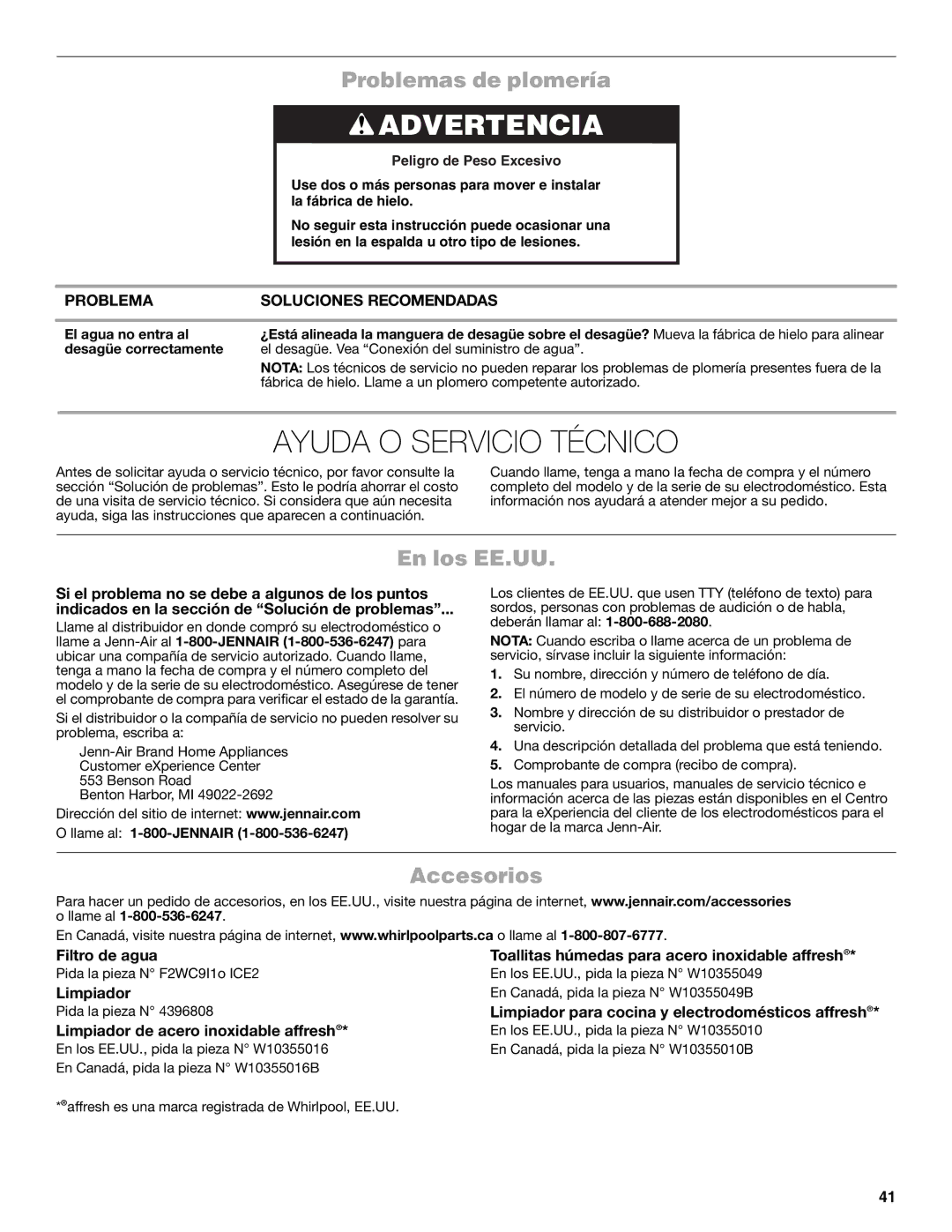 Jenn-Air W10519943B manual Ayuda O Servicio Técnico, Problemas de plomería, En los EE.UU, Accesorios 