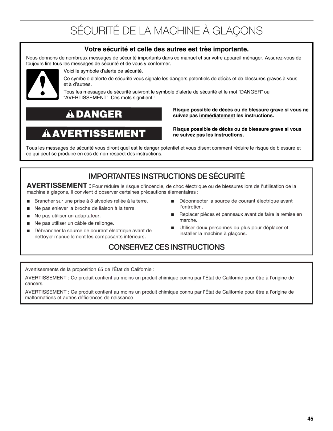 Jenn-Air W10519943B manual Sécurité DE LA Machine À Glaçons, Votre sécurité et celle des autres est très importante 